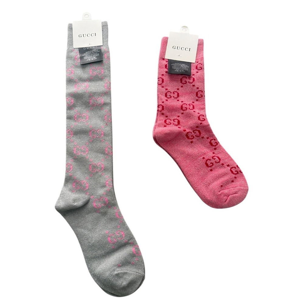 2 Pair Gucci Outlet GG Monogram Socks. 1 Knee High & 1 Crew— Pink & Gray